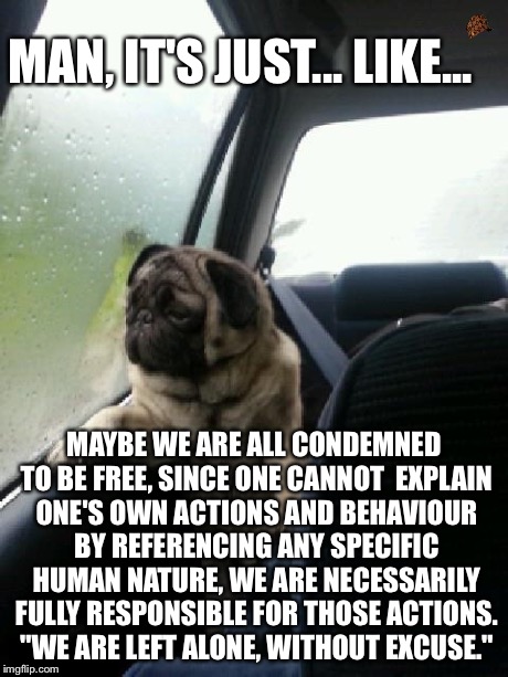 Introspective Pug | MAN, IT'S JUST... LIKE... MAYBE WE ARE ALL CONDEMNED TO BE FREE, SINCE ONE CANNOT  EXPLAIN ONE'S OWN ACTIONS AND BEHAVIOUR BY REFERENCING AN | image tagged in introspective pug | made w/ Imgflip meme maker