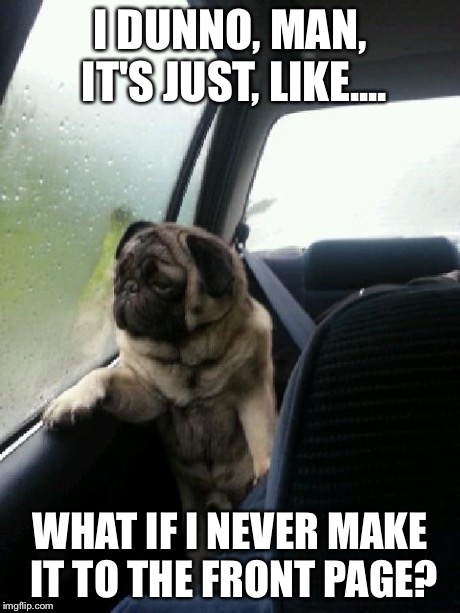 Introspective Pug on Imgflip | I DUNNO, MAN, IT'S JUST, LIKE.... WHAT IF I NEVER MAKE IT TO THE FRONT PAGE? | image tagged in introspective pug | made w/ Imgflip meme maker