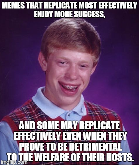 wikipedia: meme | MEMES THAT REPLICATE MOST EFFECTIVELY ENJOY MORE SUCCESS, AND SOME MAY REPLICATE EFFECTIVELY EVEN WHEN THEY PROVE TO BE DETRIMENTAL TO THE W | image tagged in memes,bad luck brian | made w/ Imgflip meme maker