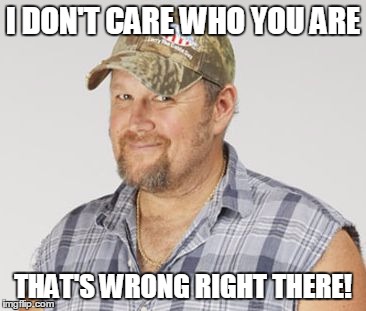 Larry The Cable Guy Meme | I DON'T CARE WHO YOU ARE THAT'S WRONG RIGHT THERE! | image tagged in memes,larry the cable guy | made w/ Imgflip meme maker
