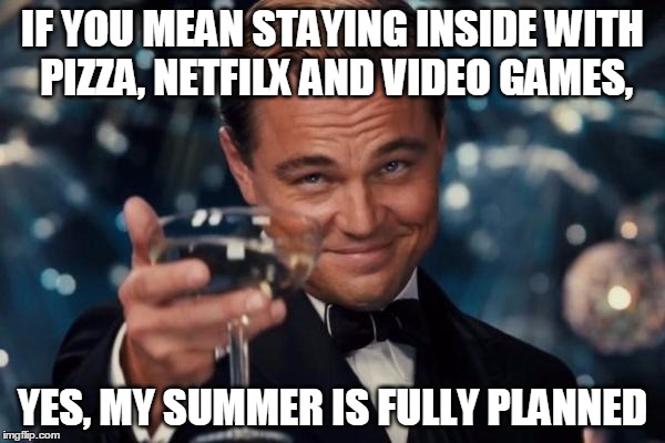 Leonardo Dicaprio Cheers | IF YOU MEAN STAYING INSIDE WITH PIZZA, NETFILX AND VIDEO GAMES, YES, MY SUMMER IS FULLY PLANNED | image tagged in memes,leonardo dicaprio cheers | made w/ Imgflip meme maker