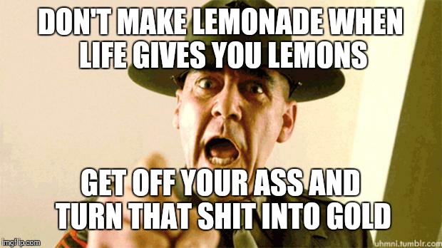 Drill Instructor | DON'T MAKE LEMONADE WHEN LIFE GIVES YOU LEMONS GET OFF YOUR ASS AND TURN THAT SHIT INTO GOLD | image tagged in drill instructor | made w/ Imgflip meme maker