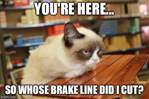 Grumpy Cat Table | YOU'RE HERE... SO WHOSE BRAKE LINE DID I CUT? | image tagged in memes,grumpy cat table | made w/ Imgflip meme maker