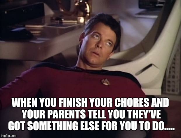 Riker eyeroll | WHEN YOU FINISH YOUR CHORES AND YOUR PARENTS TELL YOU THEY'VE GOT SOMETHING ELSE FOR YOU TO DO..... | image tagged in riker eyeroll | made w/ Imgflip meme maker