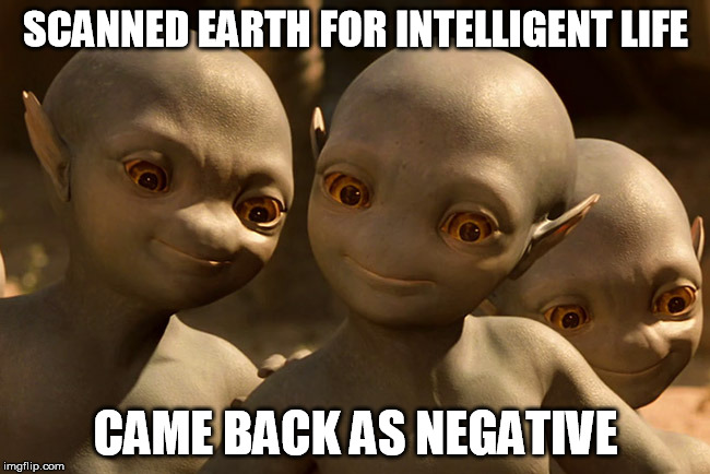 No signs of intelligent life on earth  | SCANNED EARTH FOR INTELLIGENT LIFE CAME BACK AS NEGATIVE | image tagged in aliens,earth,intelligent | made w/ Imgflip meme maker