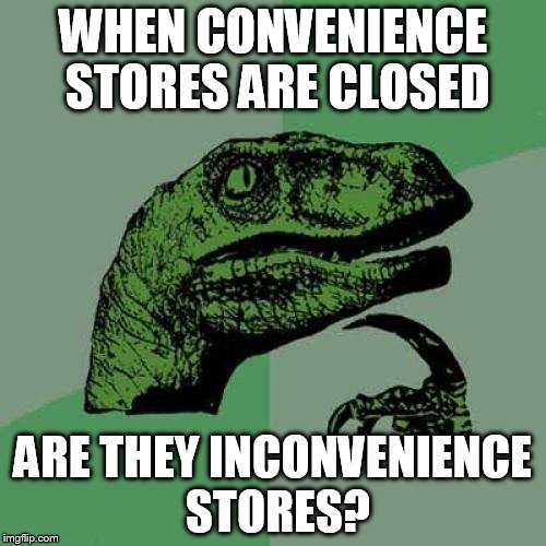 Philosoraptor | WHEN CONVENIENCE STORES ARE CLOSED ARE THEY INCONVENIENCE STORES? | image tagged in memes,philosoraptor | made w/ Imgflip meme maker