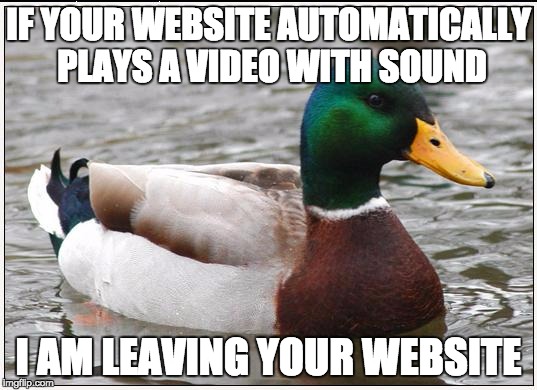 Actual Advice Mallard | IF YOUR WEBSITE AUTOMATICALLY PLAYS A VIDEO WITH SOUND I AM LEAVING YOUR WEBSITE | image tagged in memes,actual advice mallard,AdviceAnimals | made w/ Imgflip meme maker