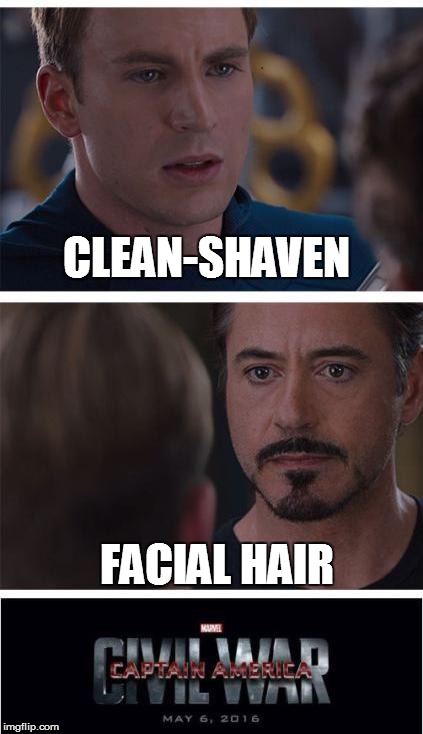 Face-off | CLEAN-SHAVEN FACIAL HAIR | image tagged in marvel civil war | made w/ Imgflip meme maker