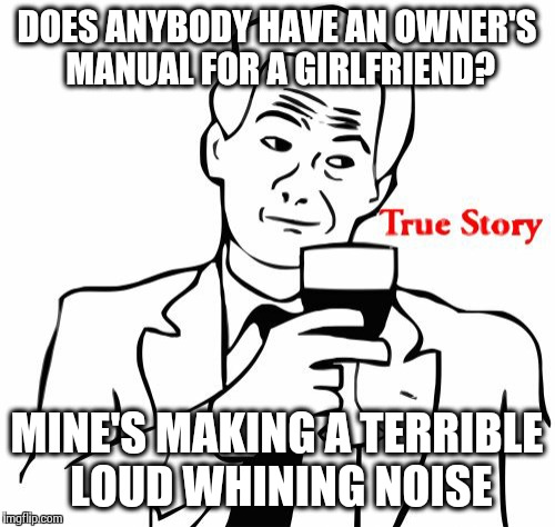 True Story | DOES ANYBODY HAVE AN OWNER'S MANUAL FOR A GIRLFRIEND? MINE'S MAKING A TERRIBLE LOUD WHINING NOISE | image tagged in memes,true story | made w/ Imgflip meme maker