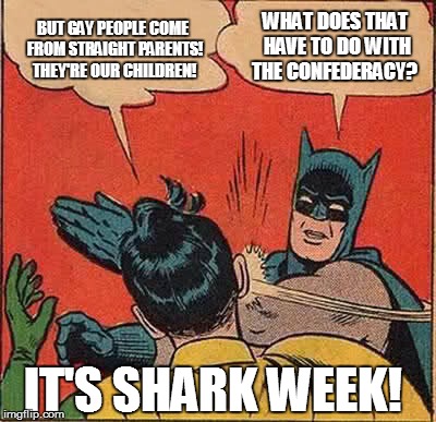 Donald Trump will be our next president. | BUT GAY PEOPLE COME FROM STRAIGHT PARENTS! THEY'RE OUR CHILDREN! WHAT DOES THAT HAVE TO DO WITH THE CONFEDERACY? IT'S SHARK WEEK! | image tagged in memes,batman slapping robin,gay marriage,donald trump,shark week,confederate flag | made w/ Imgflip meme maker