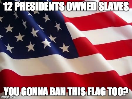 American flag | 12 PRESIDENTS OWNED SLAVES YOU GONNA BAN THIS FLAG TOO? | image tagged in american flag | made w/ Imgflip meme maker