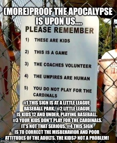 Little League Parents' Shame Sign..LOL! | (MORE)PROOF THE APOCALYPSE IS UPON US.... #1 THIS SIGN IS AT A LITTLE LEAGUE BASEBALL PARK. #2 LITTLE LEAGUE IS KIDS 12 AND UNDER, PLAYING  | image tagged in sports fans,scumbag parents,baseball,funny sign | made w/ Imgflip meme maker