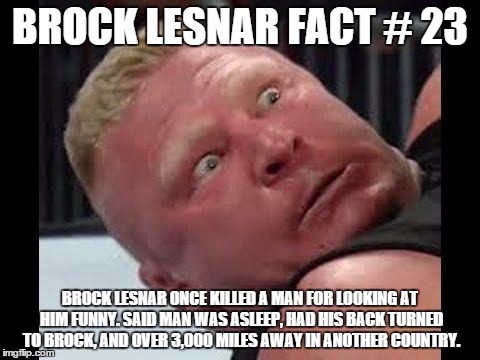 it's true. look it up. | BROCK LESNAR FACT # 23 BROCK LESNAR ONCE KILLED A MAN FOR LOOKING AT HIM FUNNY. SAID MAN WAS ASLEEP, HAD HIS BACK TURNED TO BROCK, AND OVER  | image tagged in brock lesnar is not happy | made w/ Imgflip meme maker