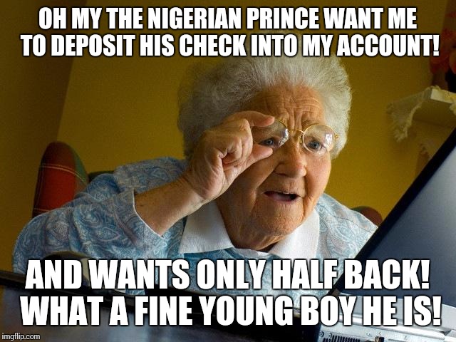 Grandma Finds The Internet | OH MY THE NIGERIAN PRINCE WANT ME TO DEPOSIT HIS CHECK INTO MY ACCOUNT! AND WANTS ONLY HALF BACK! WHAT A FINE YOUNG BOY HE IS! | image tagged in memes,grandma finds the internet | made w/ Imgflip meme maker