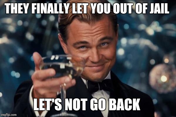 Leonardo Dicaprio Cheers Meme | THEY FINALLY LET YOU OUT OF JAIL LET'S NOT GO BACK | image tagged in memes,leonardo dicaprio cheers | made w/ Imgflip meme maker