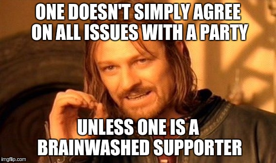 ONE DOESN'T SIMPLY AGREE ON ALL ISSUES WITH A PARTY UNLESS ONE IS A BRAINWASHED SUPPORTER | image tagged in memes,one does not simply | made w/ Imgflip meme maker
