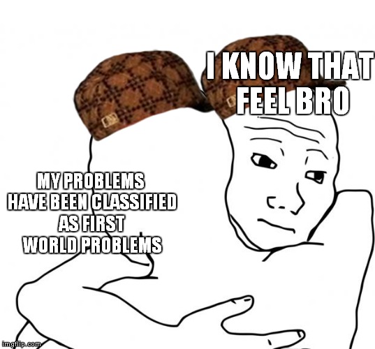 I Know That Feel Bro | MY PROBLEMS HAVE BEEN CLASSIFIED AS FIRST WORLD PROBLEMS I KNOW THAT FEEL BRO | image tagged in memes,i know that feel bro,scumbag | made w/ Imgflip meme maker