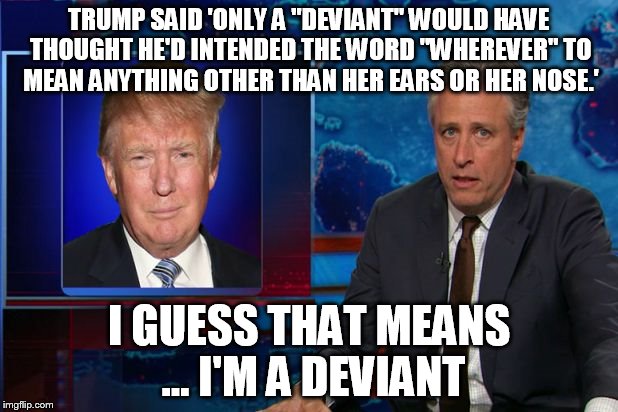 Donald Trump | TRUMP SAID 'ONLY A "DEVIANT" WOULD HAVE THOUGHT HE'D INTENDED THE WORD "WHEREVER" TO MEAN ANYTHING OTHER THAN HER EARS OR HER NOSE.' I GUESS | image tagged in donald trump | made w/ Imgflip meme maker