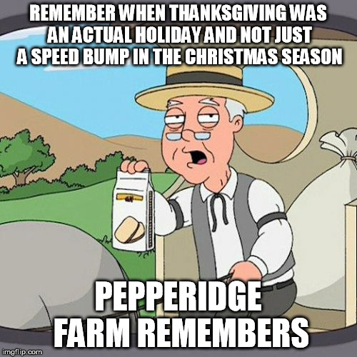 REMEMBER WHEN THANKSGIVING WAS AN ACTUAL HOLIDAY AND NOT JUST A SPEED BUMP IN THE CHRISTMAS SEASON PEPPERIDGE FARM REMEMBERS | image tagged in pepperidge farm remembers christmas,christmas,thanksgiving | made w/ Imgflip meme maker