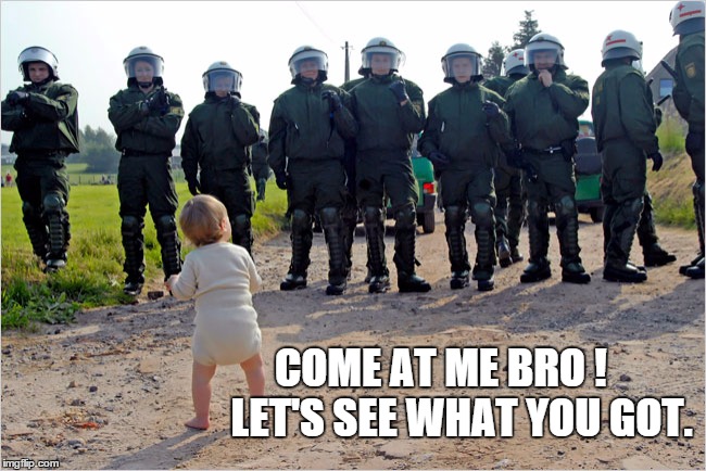 COME AT ME BRO !      LET'S SEE WHAT YOU GOT. | image tagged in police brutality,funny meme | made w/ Imgflip meme maker