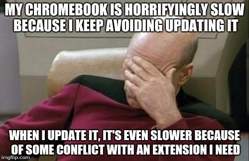 Sad but true. | MY CHROMEBOOK IS HORRIFYINGLY SLOW BECAUSE I KEEP AVOIDING UPDATING IT WHEN I UPDATE IT, IT'S EVEN SLOWER BECAUSE OF SOME CONFLICT WITH AN E | image tagged in memes,captain picard facepalm,chromebook,google,computer,technology | made w/ Imgflip meme maker