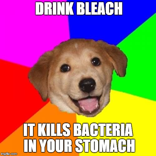 Advice Dog | DRINK BLEACH IT KILLS BACTERIA IN YOUR STOMACH | image tagged in memes,advice dog | made w/ Imgflip meme maker