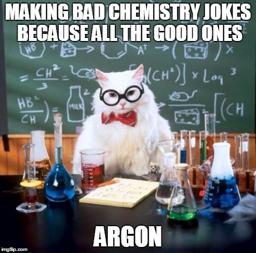 Chemistry Cat | MAKING BAD CHEMISTRY JOKES BECAUSE ALL THE GOOD ONES ARGON | image tagged in memes,chemistry cat | made w/ Imgflip meme maker