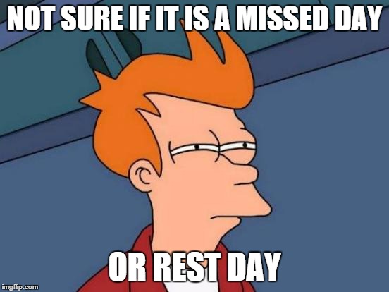 Futurama Fry Meme | NOT SURE IF IT IS A MISSED DAY OR REST DAY | image tagged in memes,futurama fry | made w/ Imgflip meme maker