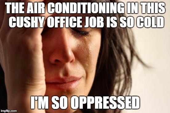 First World Problems Meme | THE AIR CONDITIONING IN THIS CUSHY OFFICE JOB IS SO COLD I'M SO OPPRESSED | image tagged in memes,first world problems | made w/ Imgflip meme maker