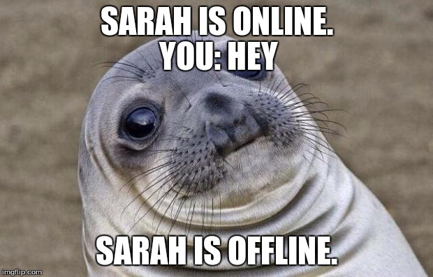 Awkward Moment Sealion | SARAH IS ONLINE. SARAH IS OFFLINE. YOU: HEY | image tagged in memes,awkward moment sealion | made w/ Imgflip meme maker