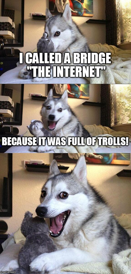 Oh so true... | I CALLED A BRIDGE "THE INTERNET" BECAUSE IT WAS FULL OF TROLLS! | image tagged in memes,bad pun dog,the internet,troll,trolls,internet trolls | made w/ Imgflip meme maker
