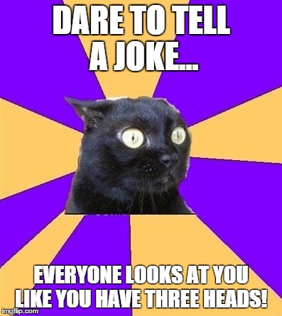 anxiety cat | DARE TO TELL A JOKE... EVERYONE LOOKS AT YOU LIKE YOU HAVE THREE HEADS! | image tagged in anxiety cat | made w/ Imgflip meme maker