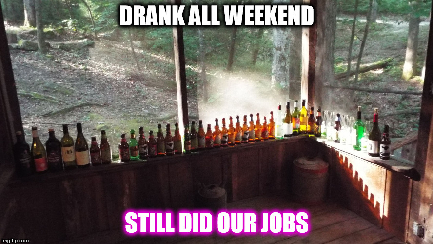 Still Did Our Jobs | DRANK ALL WEEKEND STILL DID OUR JOBS | image tagged in bottles,jobs,drinking,cabin,beer,wine | made w/ Imgflip meme maker