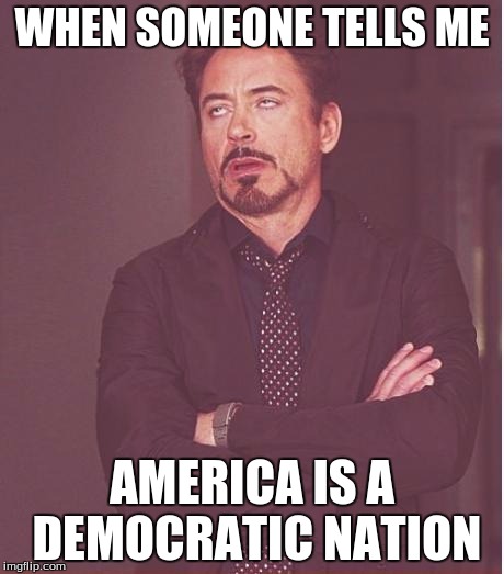 Face You Make Robert Downey Jr | WHEN SOMEONE TELLS ME AMERICA IS A DEMOCRATIC NATION | image tagged in memes,face you make robert downey jr | made w/ Imgflip meme maker