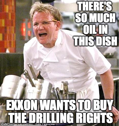 Chef Gordon Ramsay Meme | THERE'S SO MUCH OIL IN THIS DISH EXXON WANTS TO BUY THE DRILLING RIGHTS | image tagged in memes,chef gordon ramsay | made w/ Imgflip meme maker