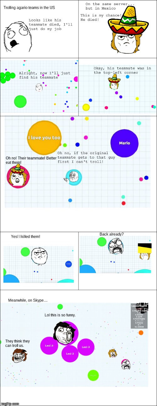 I know, the hat glitched on one of the panels, but the comic didn't lose it's humor | image tagged in rage comics,agario,skype,trolls,trolling | made w/ Imgflip meme maker