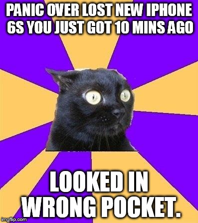 anxiety cat | PANIC OVER LOST NEW IPHONE 6S YOU JUST GOT 10 MINS AGO LOOKED IN WRONG POCKET. | image tagged in anxiety cat | made w/ Imgflip meme maker