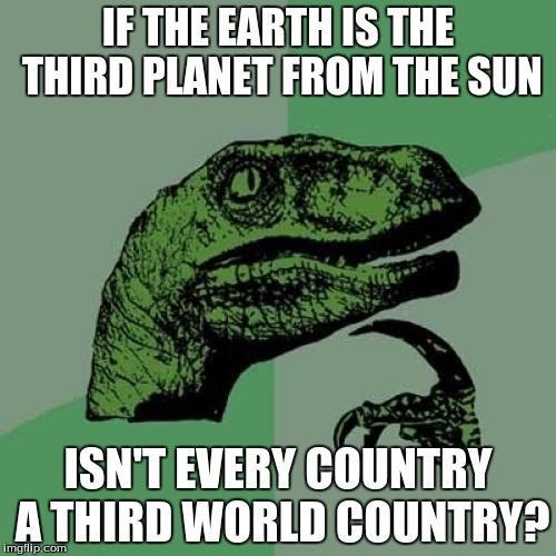 Philosoraptor | IF THE EARTH IS THE THIRD PLANET FROM THE SUN ISN'T EVERY COUNTRY A THIRD WORLD COUNTRY? | image tagged in memes,philosoraptor | made w/ Imgflip meme maker