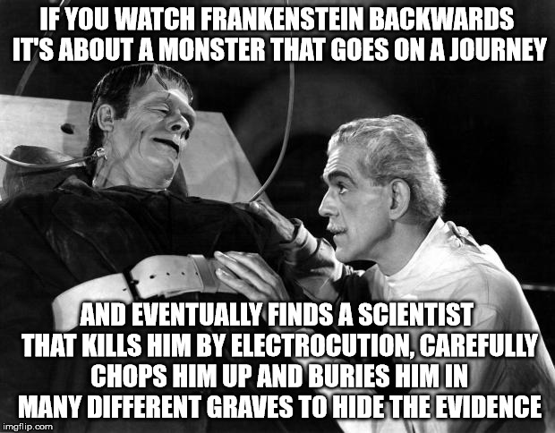 dr frankenstein | IF YOU WATCH FRANKENSTEIN BACKWARDS IT'S ABOUT A MONSTER THAT GOES ON A JOURNEY AND EVENTUALLY FINDS A SCIENTIST THAT KILLS HIM BY ELECTROCU | image tagged in dr frankenstein | made w/ Imgflip meme maker