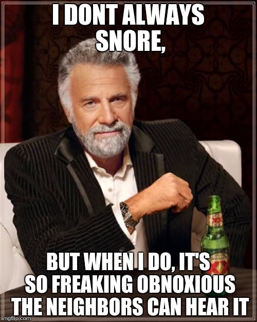 The Most Interesting Man In The World Meme | I DONT ALWAYS SNORE, BUT WHEN I DO, IT'S SO FREAKING OBNOXIOUS THE NEIGHBORS CAN HEAR IT | image tagged in memes,the most interesting man in the world | made w/ Imgflip meme maker