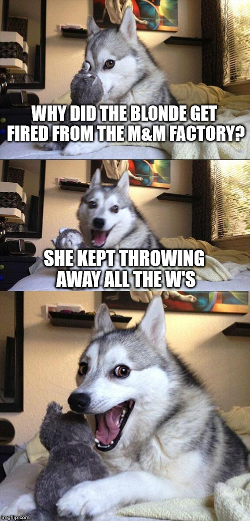 Bad Pun Dog | WHY DID THE BLONDE GET FIRED FROM THE M&M FACTORY? SHE KEPT THROWING AWAY ALL THE W'S | image tagged in memes,bad pun dog,funny,blondes,blonde | made w/ Imgflip meme maker