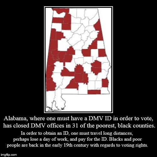 Alabama DMV Voter Disenfranchisement | image tagged in dmv id,alabama,voter disenfranchisement | made w/ Imgflip demotivational maker