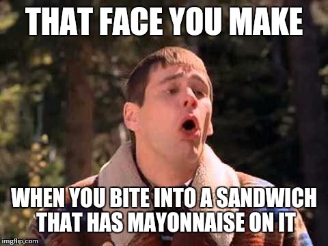 Lloyd Christmas face | THAT FACE YOU MAKE WHEN YOU BITE INTO A SANDWICH THAT HAS MAYONNAISE ON IT | image tagged in memes | made w/ Imgflip meme maker