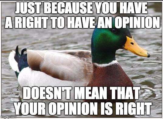 Actual Advice Mallard | JUST BECAUSE YOU HAVE A RIGHT TO HAVE AN OPINION DOESN'T MEAN THAT YOUR OPINION IS RIGHT | image tagged in memes,actual advice mallard,AdviceAnimals | made w/ Imgflip meme maker