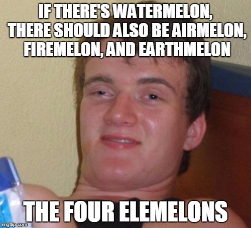 If you like this meme, please visit https://imgflip.com/user/Entertainer28 & upvote him to help him break 1,000,000 points :) | IF THERE'S WATERMELON, THERE SHOULD ALSO BE AIRMELON, FIREMELON, AND EARTHMELON THE FOUR ELEMELONS | image tagged in memes,10 guy,entertainer28,imgflip,leaderboard,million | made w/ Imgflip meme maker