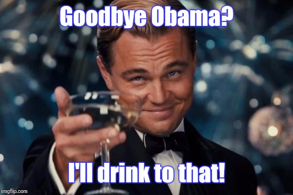 Leonardo Dicaprio Cheers Meme | Goodbye Obama? I'll drink to that! | image tagged in memes,leonardo dicaprio cheers | made w/ Imgflip meme maker