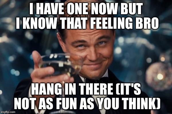 Leonardo Dicaprio Cheers Meme | I HAVE ONE NOW BUT I KNOW THAT FEELING BRO HANG IN THERE (IT'S NOT AS FUN AS YOU THINK) | image tagged in memes,leonardo dicaprio cheers | made w/ Imgflip meme maker