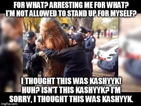*translated from drunken Shyriiwook | FOR WHAT? ARRESTING ME FOR WHAT? I'M NOT ALLOWED TO STAND UP FOR MYSELF? I THOUGHT THIS WAS KASHYYK! HUH? ISN'T THIS KASHYYK? I'M SORRY, I T | image tagged in this isn't kashyyk,star wars kills disney,randy marsh,south park,drunk | made w/ Imgflip meme maker