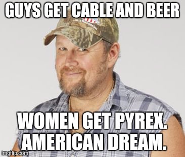 Larry The Cable Guy Meme | GUYS GET CABLE AND BEER WOMEN GET PYREX. AMERICAN DREAM. | image tagged in memes,larry the cable guy | made w/ Imgflip meme maker