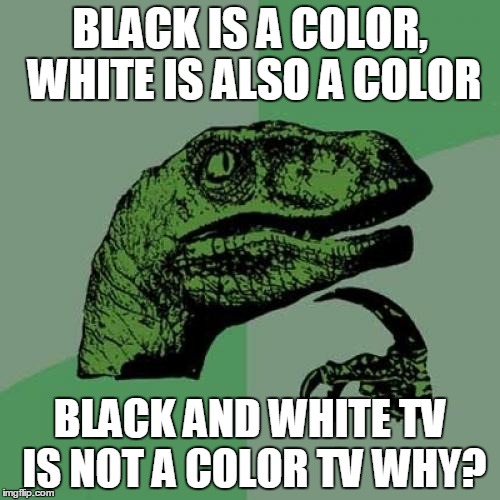 Philosoraptor Meme | BLACK IS A COLOR, WHITE IS ALSO A COLOR BLACK AND WHITE TV IS NOT A COLOR TV WHY? | image tagged in memes,philosoraptor | made w/ Imgflip meme maker